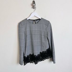 Zara Woman Black & White Houndstooth Lace Long Sleeve Blouse
